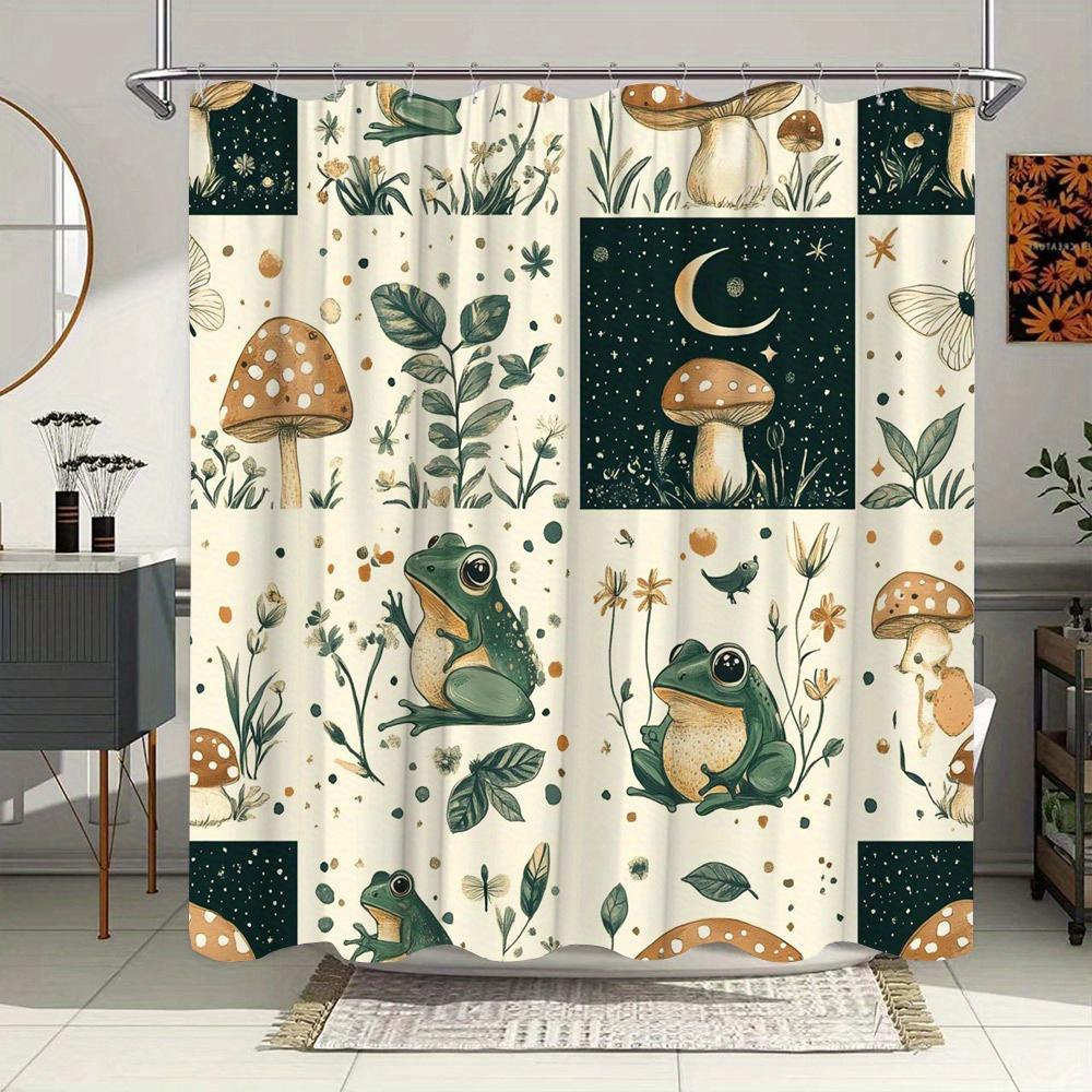 Whimsical Nature Shower Curtain - Cartoon Frog, Mushroom & Night Sky Design, Green Leaves & Cream Background