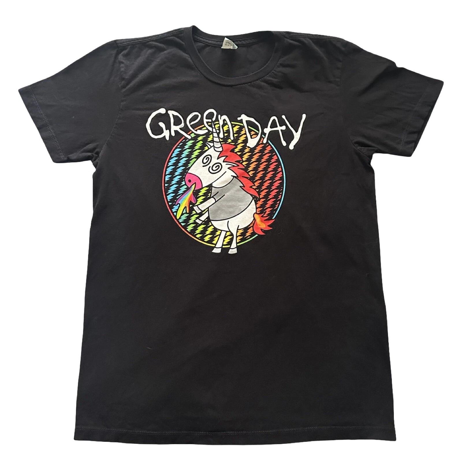 Green Day Unicorn Rainbow Puke Pacific Men s Black T-Shirt Size L 2XL