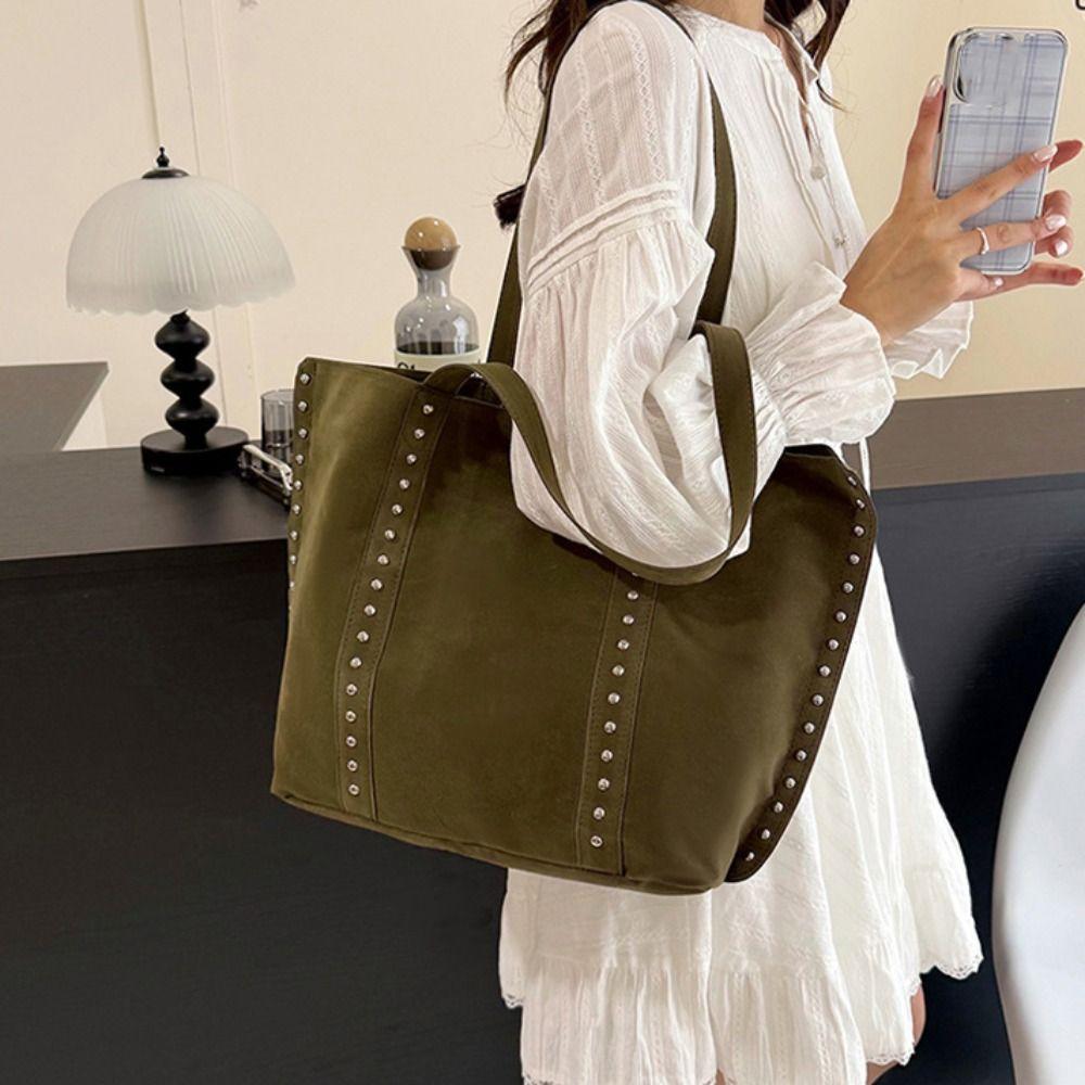 Solid Color Suede Leather Shoulder Bag PU Leather Matte PU Handbag Suede Rivet Tote Bag  Outdoor