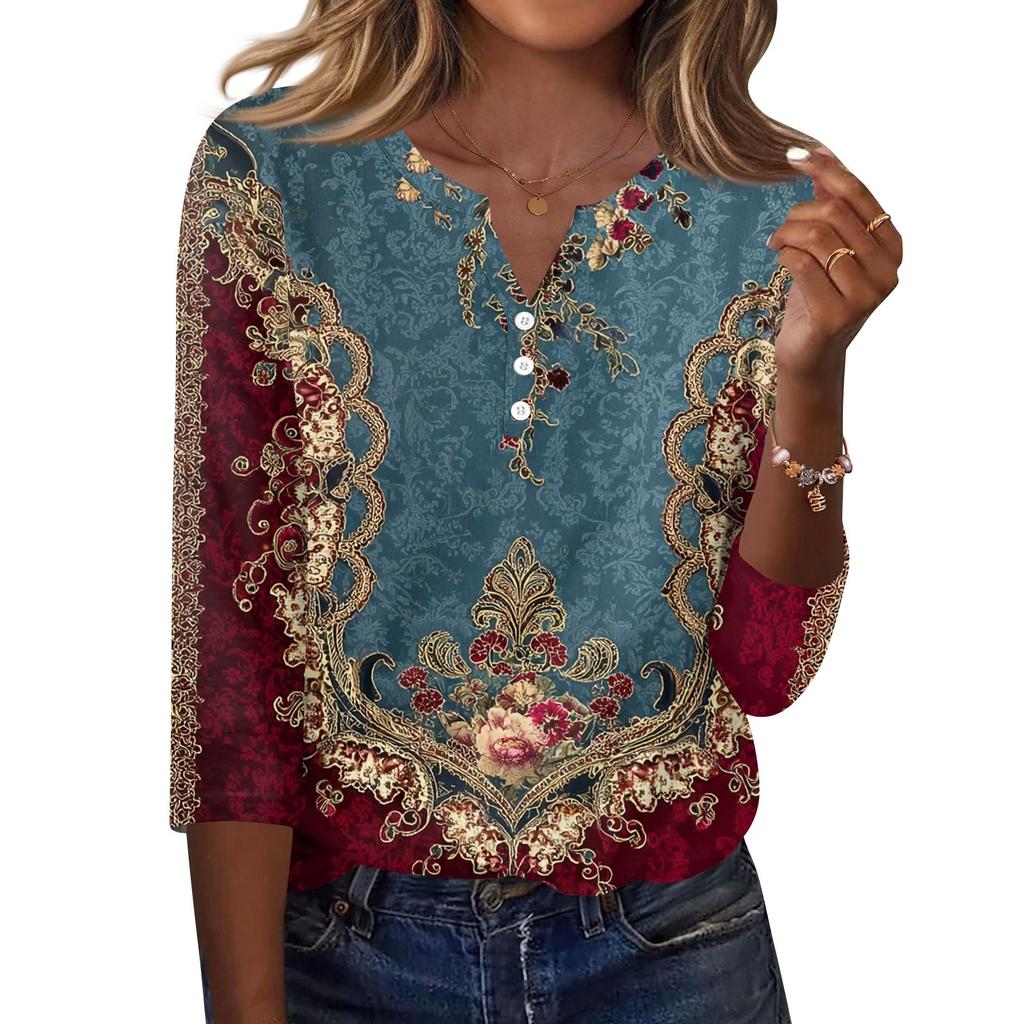 Women's T Shirt Print Button 3/4 Sleeve Daily Weekend Fashion Basic V- Neck Regular Top