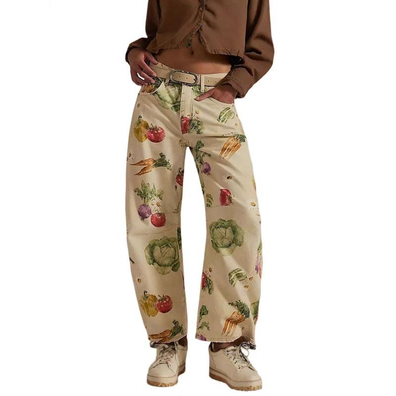 Herbst und Winter Damen lockere Jeans Blumenmuster Denim Neun-Punkt-Hose Weiter Bein Mittlere Taille Jeans