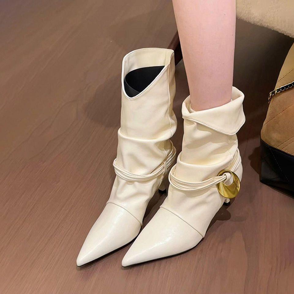 

2025 autumn and winter new retro style pointed pointed thin pleated piled boots female spice girl fried street white high-heeled western boots 39