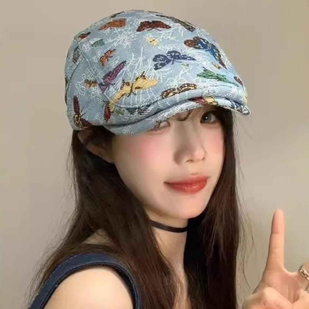 Ethnic Style Retro Newsboy Cap Reversible Design Butterfly Embroidered Beret  Spring Summer