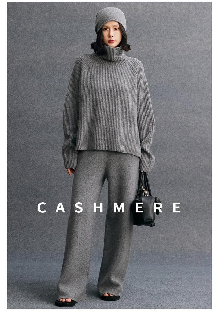 Women's High Neck Ribbed Knit Cashmere Sweater - Autumn/Winter Raglan Sleeve, Thickened Base Layer, Lazy Style
