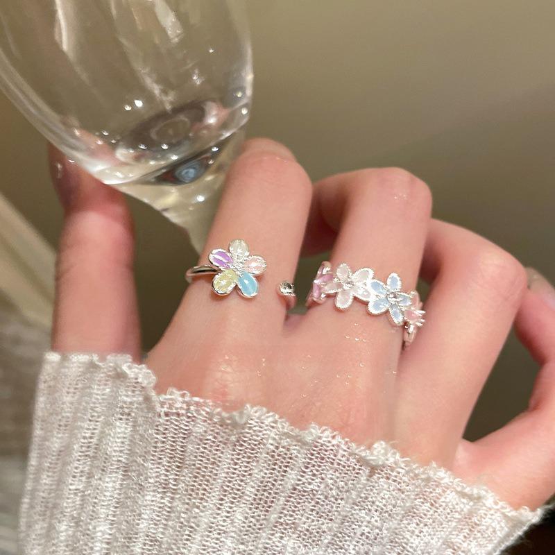 Zircon dripping oil colored flower opening ring exquisite fashion temperament ring fresh and versatile advanced sense index finger ring