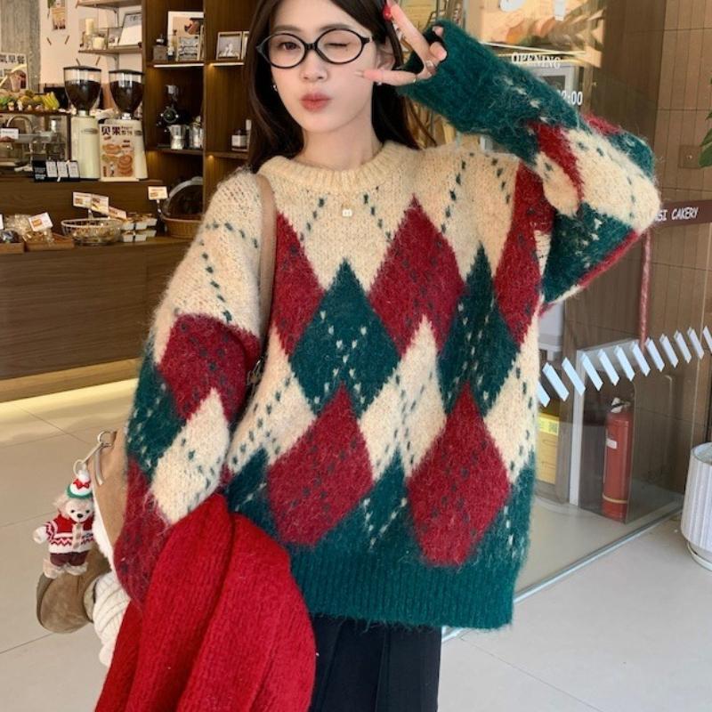 Autumn and Winter Vintage Print Pullovers Christmas Sweaters Women Fashion Loose O Neck Knitted Sweater Women Elegant Warm Casual Ladies Jumpers 25509