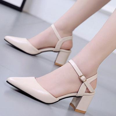 2024 Early Spring New Baotou Single Shoes Women's Mid-heel One-button High Heel Thick Heel Pointed Head with Skirt Sandals