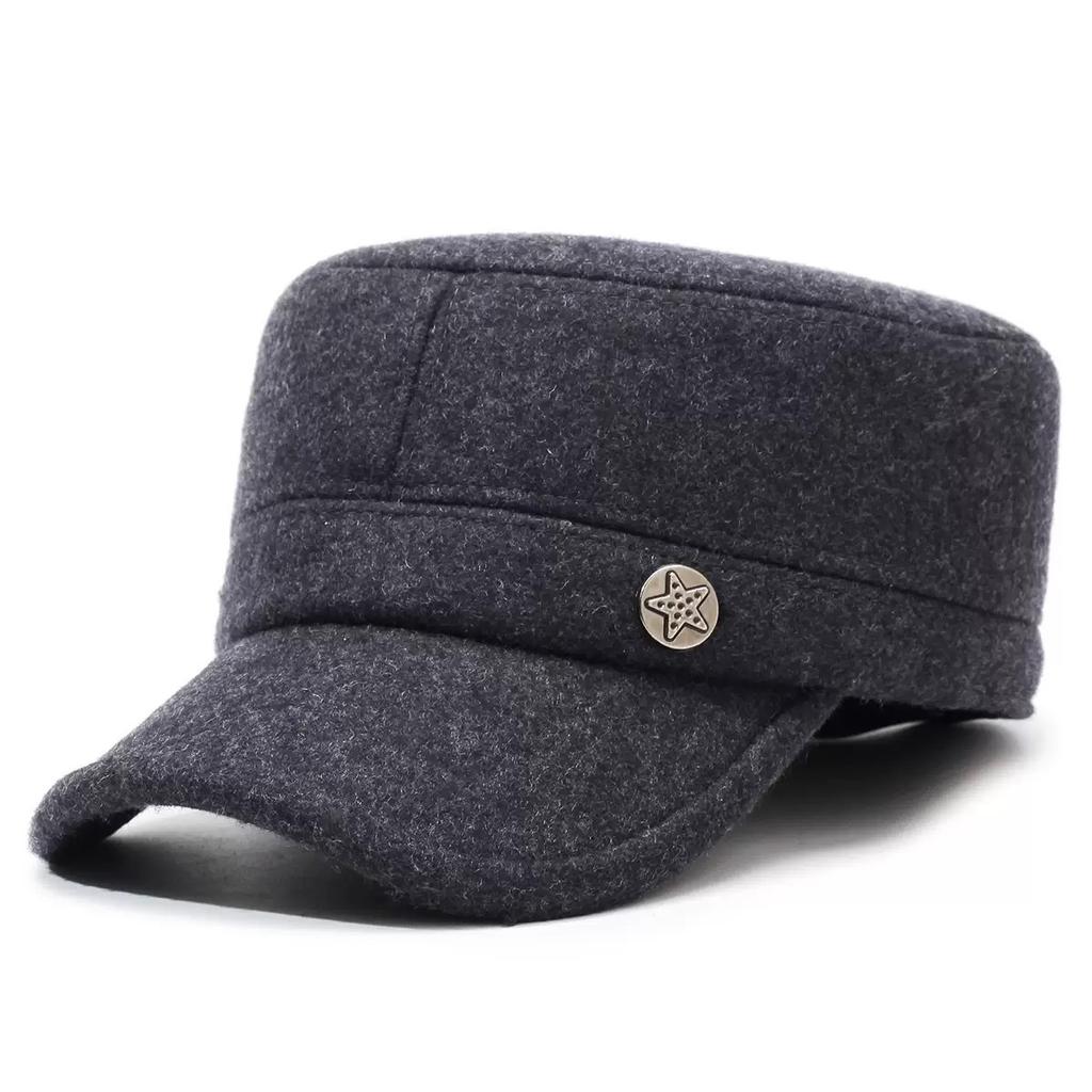 Middle-aged and Elderly Men's Hat Fleece-linedheattech Five-star Woolen Flat-top Hat with Upturned Brim Grandpa Ear Protection Cotton Hat for Men