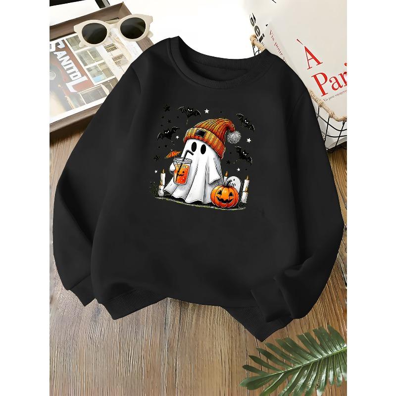 Kids Unisex Crewneck Sweatshirt, Cute Knit Hat Ghost Pumpkin Bat Halloween Print Soft Fleece Long Sleeve Pullover For Boys Girls Over 4 Years Old