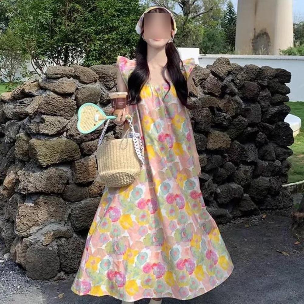 Retro Oil Painting Floral Dress Women's Summer New Loose and Thin Beautiful Japanese Seaside Vacation Temperament Skirt
