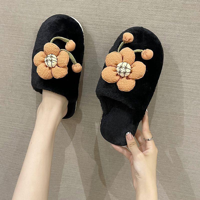 Cute Flower Fluffy Slippers 2025 Autumn and Winter New Home Dormitory Flat Bottom Non-slip Bag Head Cotton Slippers Women