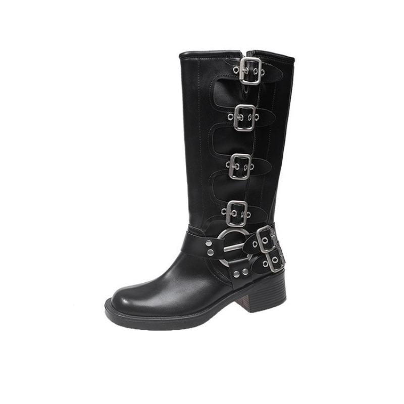 

Belt-buckle Shoes, Chunk-heeled Boots, Women s Shoes, Retro Knee-high Boots 35