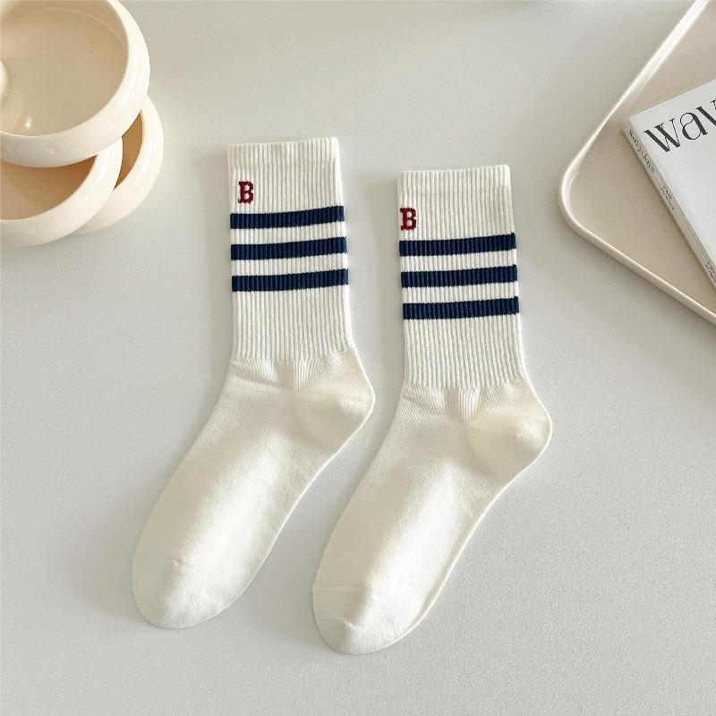 Striped Socks, Women's Mid-calf High-top Socks, Versatile, Simple, Sporty, School Style, Spring and Autumn Cotton Socks