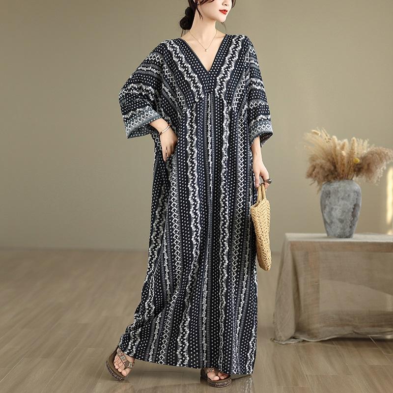 Long sleeve plus size cotton vintage Stripe new in dresses for women casual loose Maxi spring autumn dress