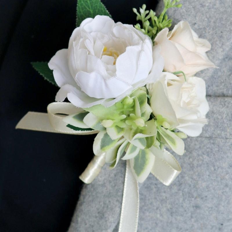 5Pcs Wrist Corsages Bracelets Artificial Rose Boutonniere for Grooms and Bride Wedding Party Proms Suit Decorations