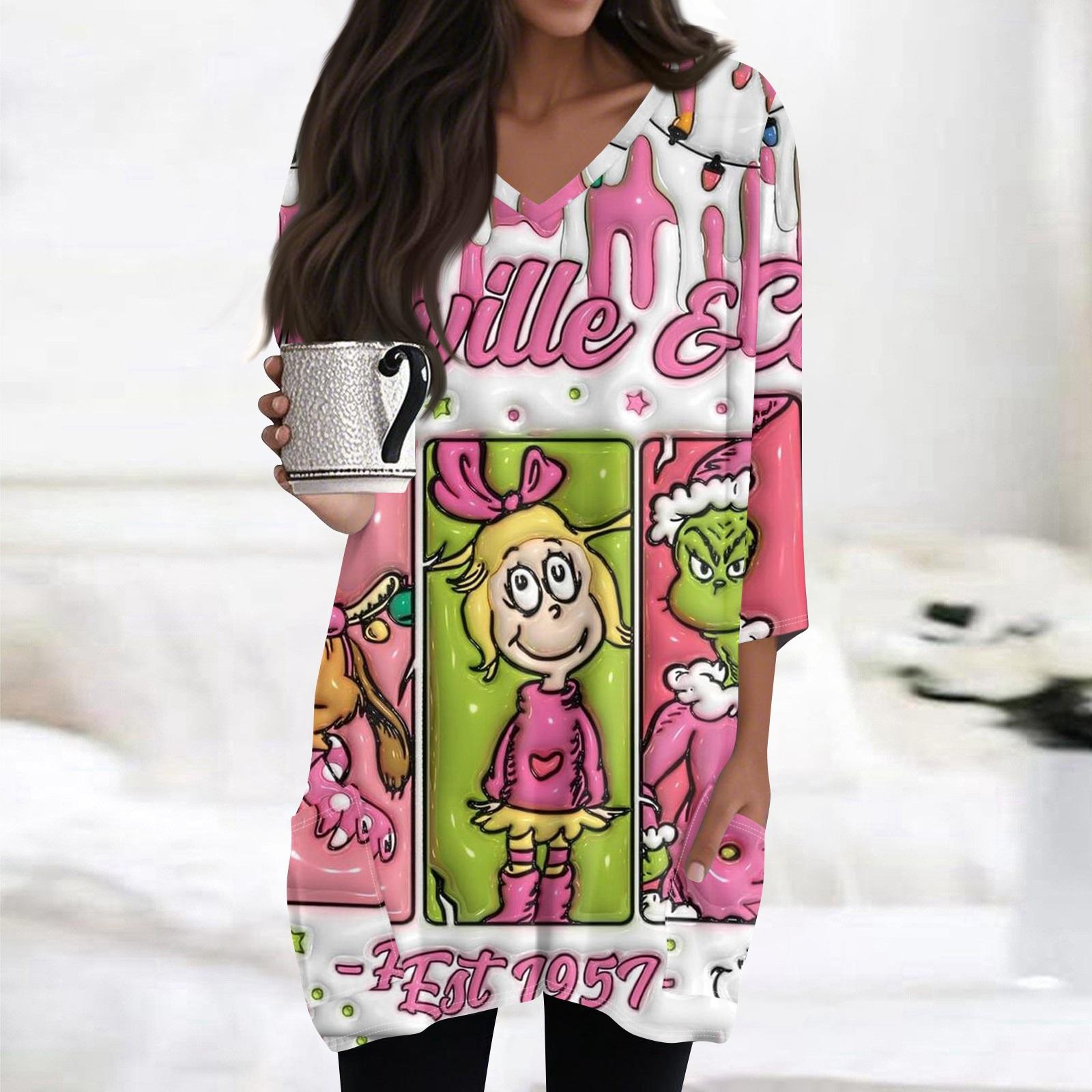 

Женские топы с V-образным вырезом и рукавом 3/4, повседневные блузки средней длины, модные туники с рождественским принтом и карманами XXXL