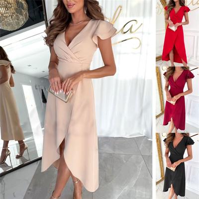 Summer New Temperament Commuter Solid Colour V-neck Waisted Ruffle Sleeve Fashion Dresses