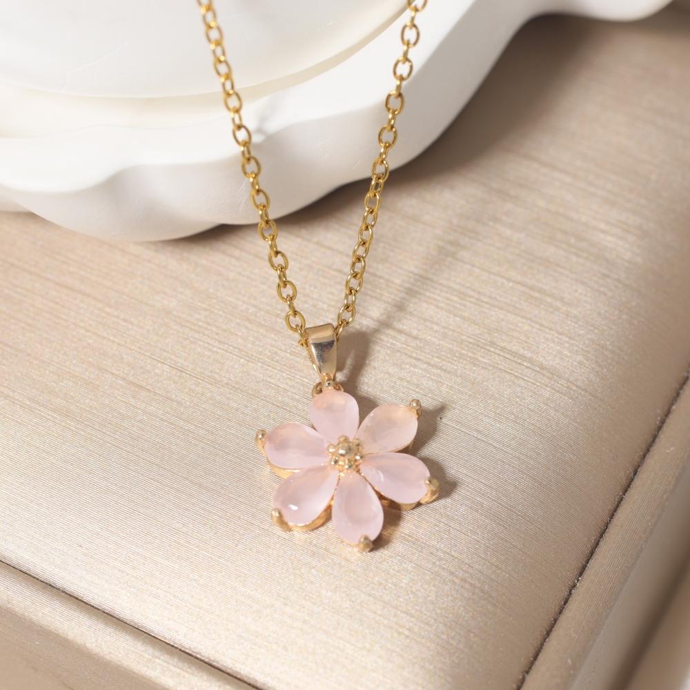 Women Cute Pink Flowers Pendant Stainless Steel Necklace