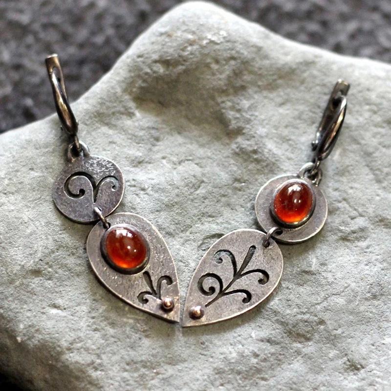 Vintage Silver Color Round Waterdrop Carving Flower Red Stone Dangle Earrings for Women