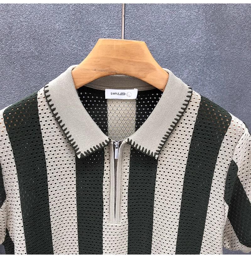 Men's Vintage Openwork Knit Half-Zip Polo Shirt, Short Sleeve, Trendy Royal Blue