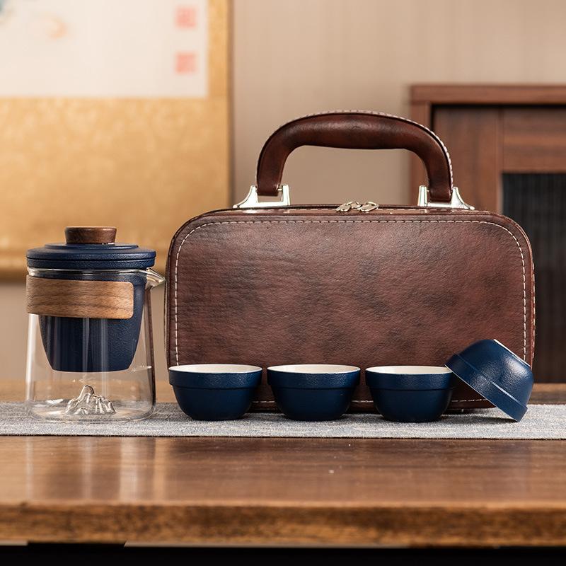 Hand-painted distant mountain travel tea set, high-end outdoor portable Kung Fu tea set, tea cup light luxury gift box set, commemorative gift.