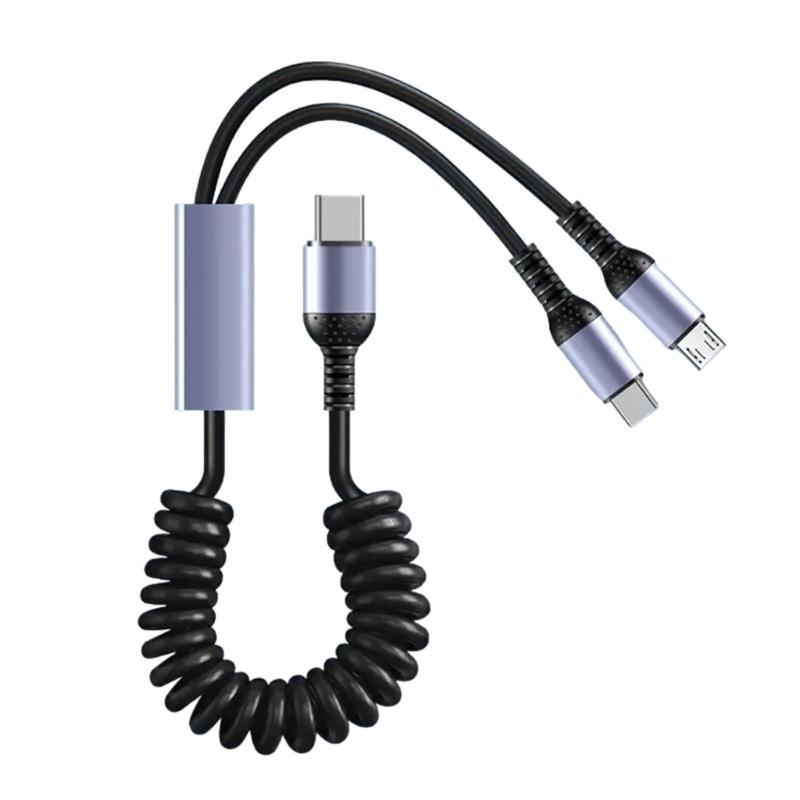 Double Retractables Spring Charging Cable MicroUSB & Type C Cable for MicroUSB and Type C Devices, 66W Fast Charging