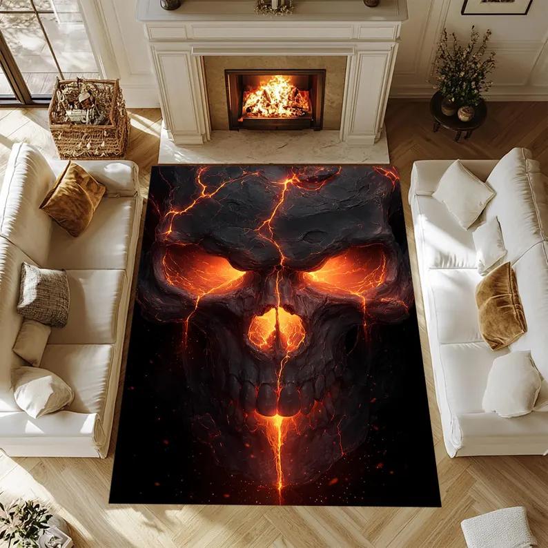 Gothic Skull Living Room Carpet Horror Themed Floor Mat Cool Optical Illusion Home Decor Soft Non-Slip Mat for Bedroom Game Room