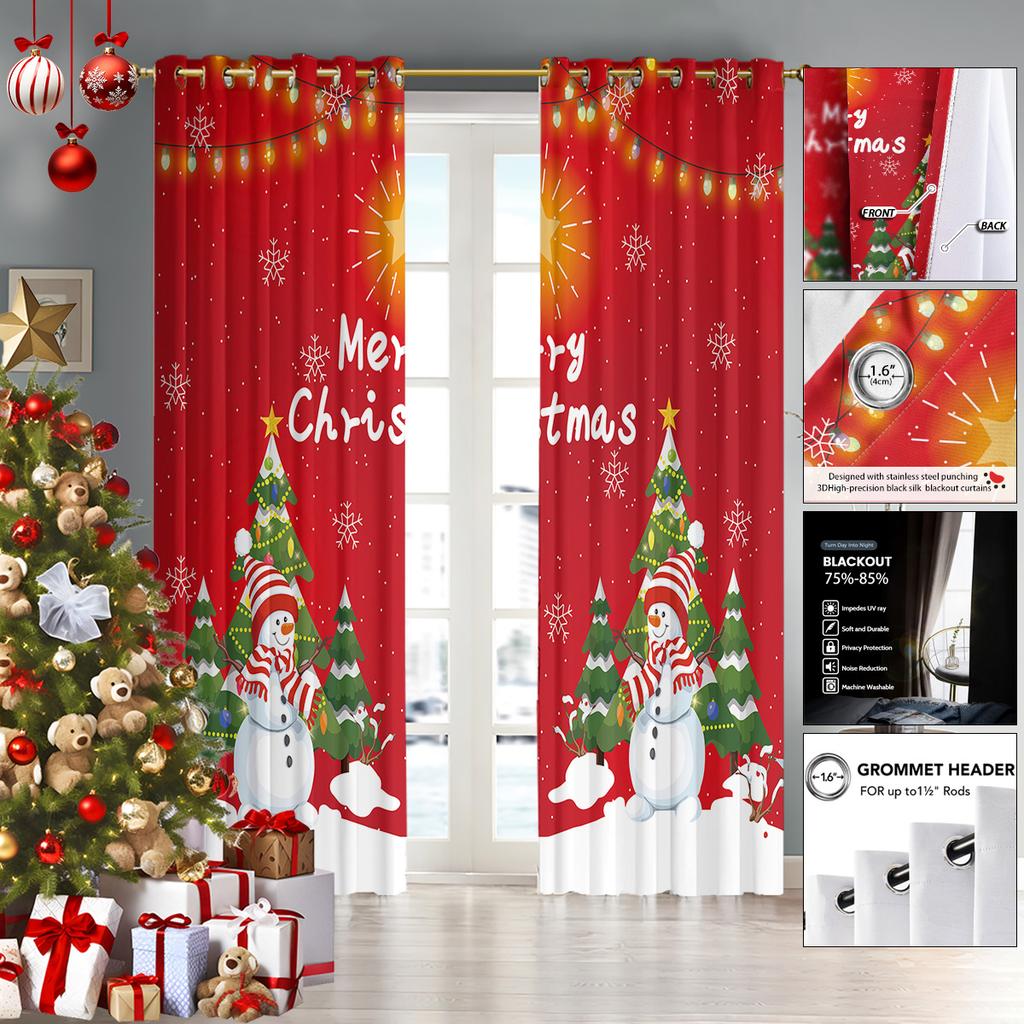 Set Of 2 Merry Christmas Snowman Print Red Curtains Multiple Sizes Living Room Insulation Easy Install Curtain Darkening Polyester Machine Washable