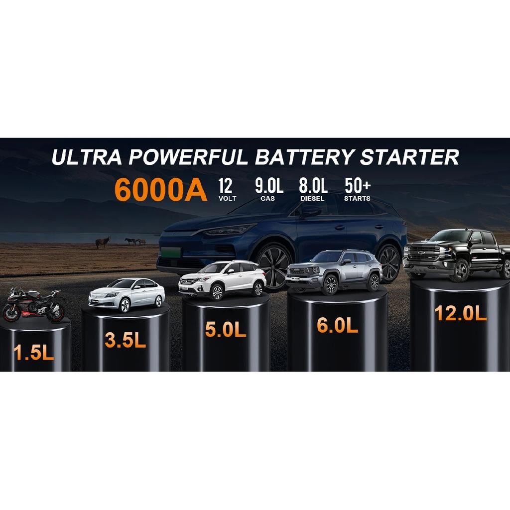 6000A 180psi 5 In1 Car Emergency Battery Pack Light 12v Booster Starting Device Capacitor Compressor Jump Starter With Air Pump
