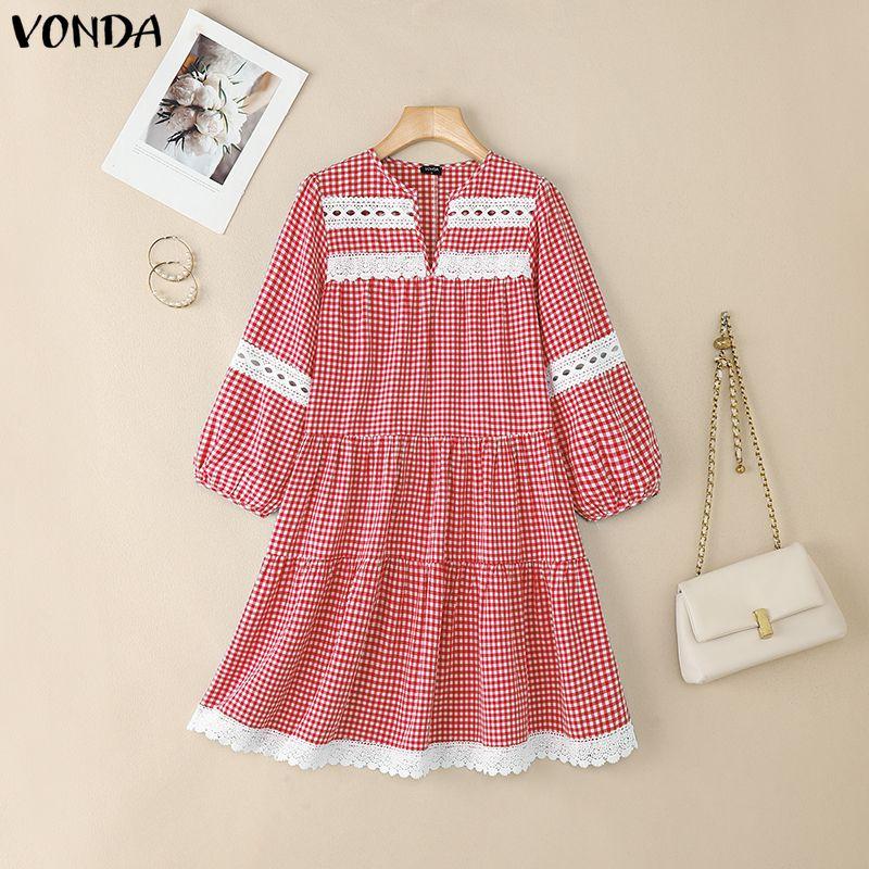 

VONDA Women Casual Round V Neck Long Sleeve Grid Print Lace Crochet Patchwork Dress 5XL красный