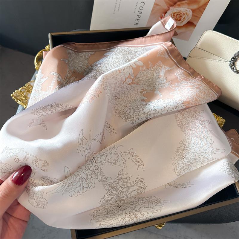 New Scarves for Women Summer Fresh Elegant Floral Small Square Imitation Silk Scarf Headscarf Printed Bandana Hair Tie Band Wrap