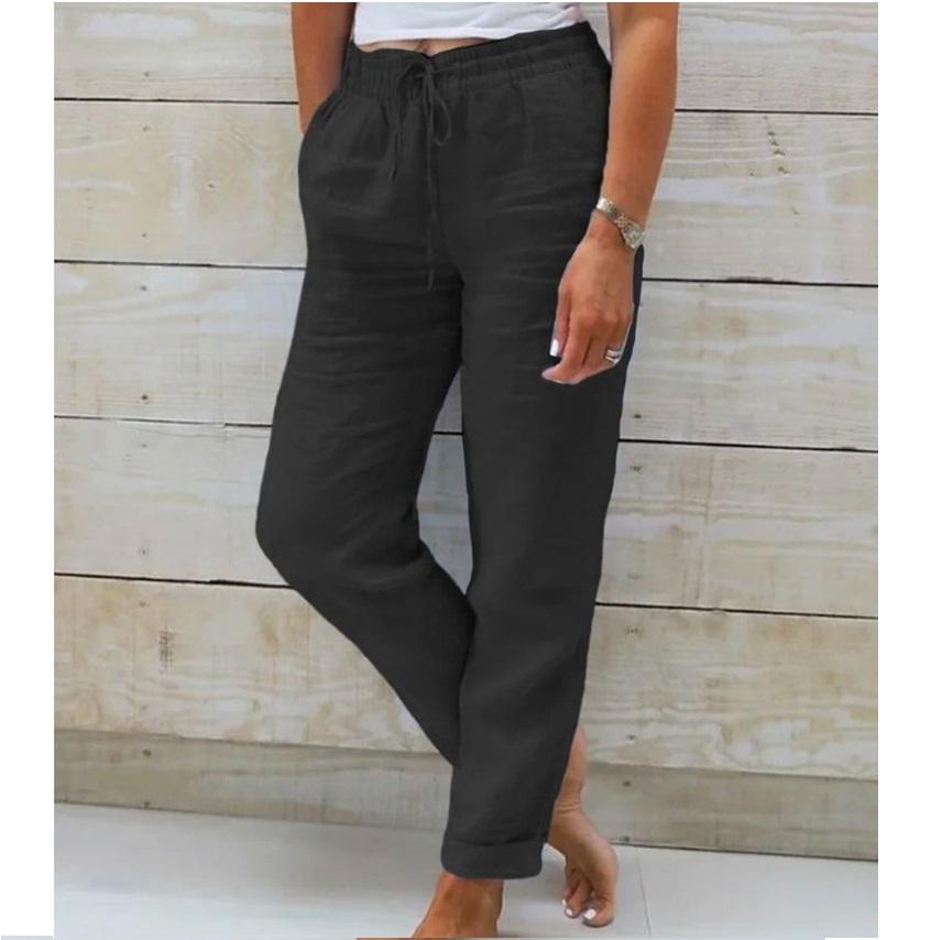 Ladies' high waisted elastic waisted solid color cotton and linen casual pants
