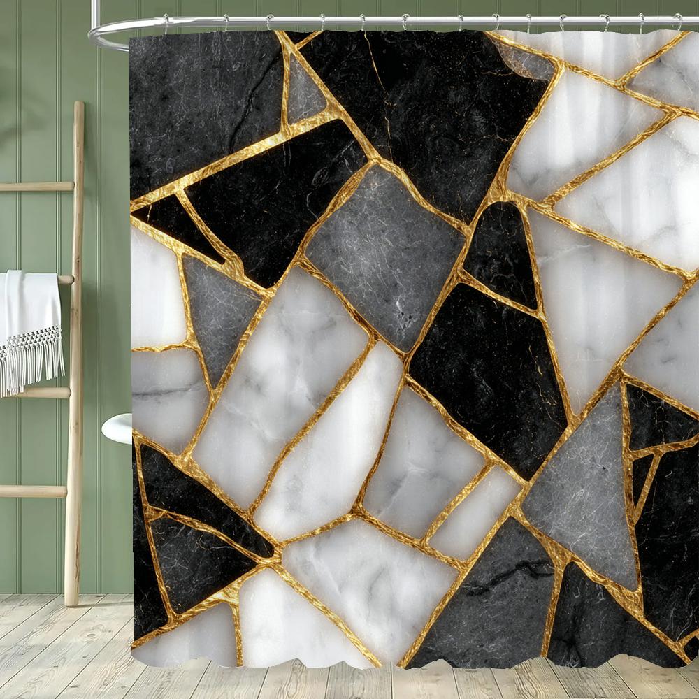 Blue Gold Textured Marble Shower Curtain Black White Natural Art Pattern Polyester Fabric Washable Shower Curtain Bathroom Decor