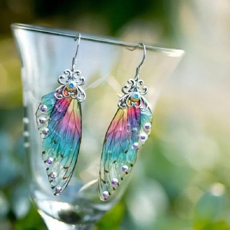 Fantasy Neon Color Rhinestone Cicada Wings Earrings Trendy New Butterfly Gradient Pink Blue Sequins Long Drop Earrings Jewelry