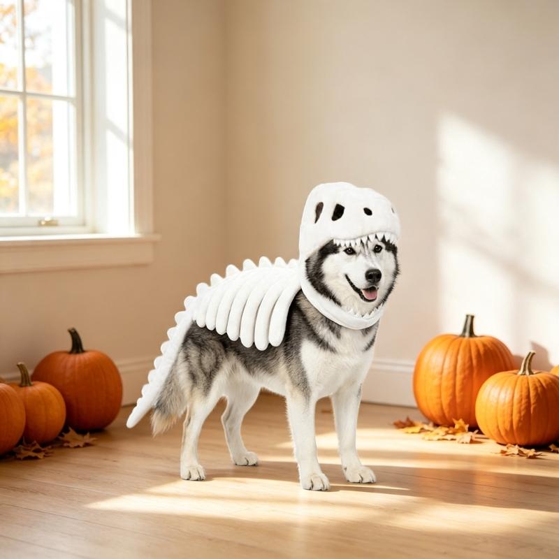 Halloween Dinosaurierskelett Kostüm für Haustiere, Skelettschädel und Rippen Design Outfit mit gepolsterter Wirbelsäule und Schwanz für Hunde und Katzen Cosplay