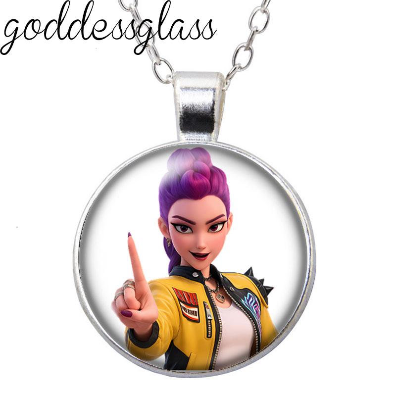 K-Pop Demon Hunter Anime Film Rumi Zoey Mira Cartoon Round Photo Glass cabochon silver plated pendant necklace jewelry Gift