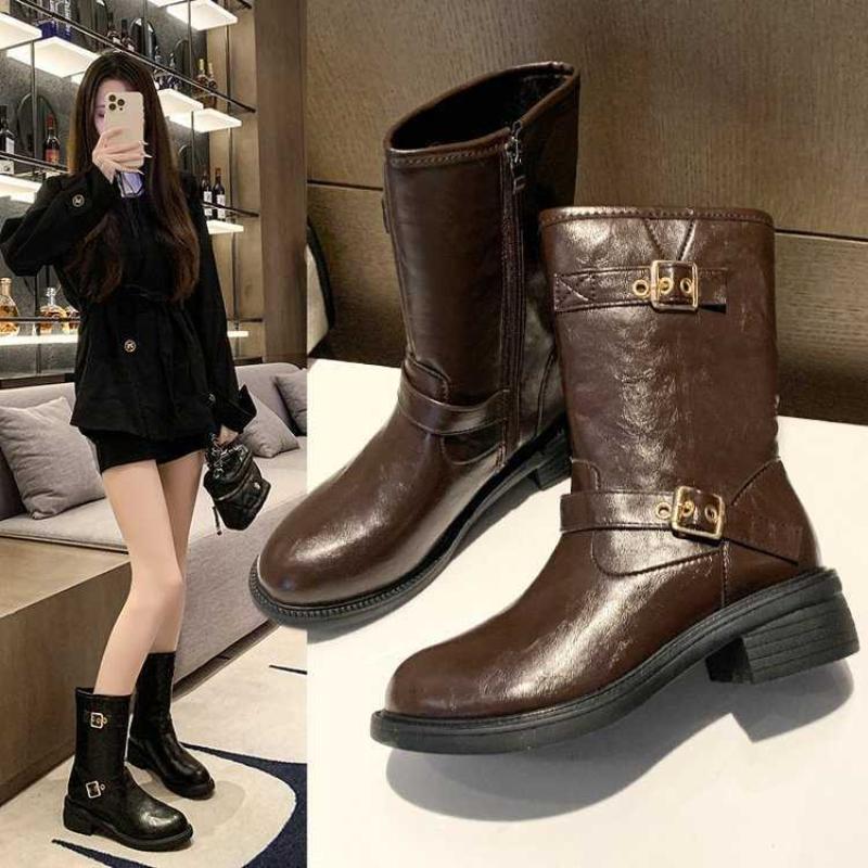 Botas Retro Versatile Woman Shoes 2026 Autumn New Women's Low Heeled Mid Top Leather Boots Comfort Non Slip Women's Denim Boots