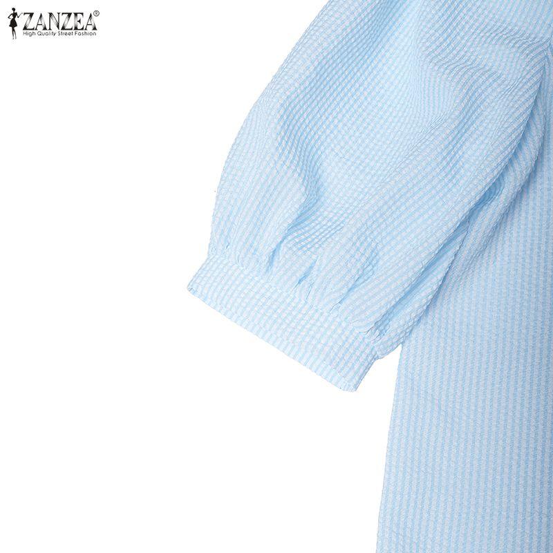 ZANZEA Women Casual Stand Collar Loose Half Sleeve Stripe Blouse