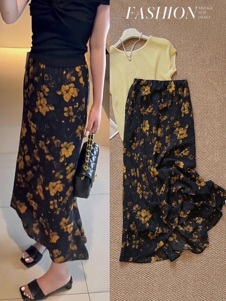 Women's High Waist Floral Print Chiffon Mermaid Hem Slim Fit Midi Casual Long Skirt