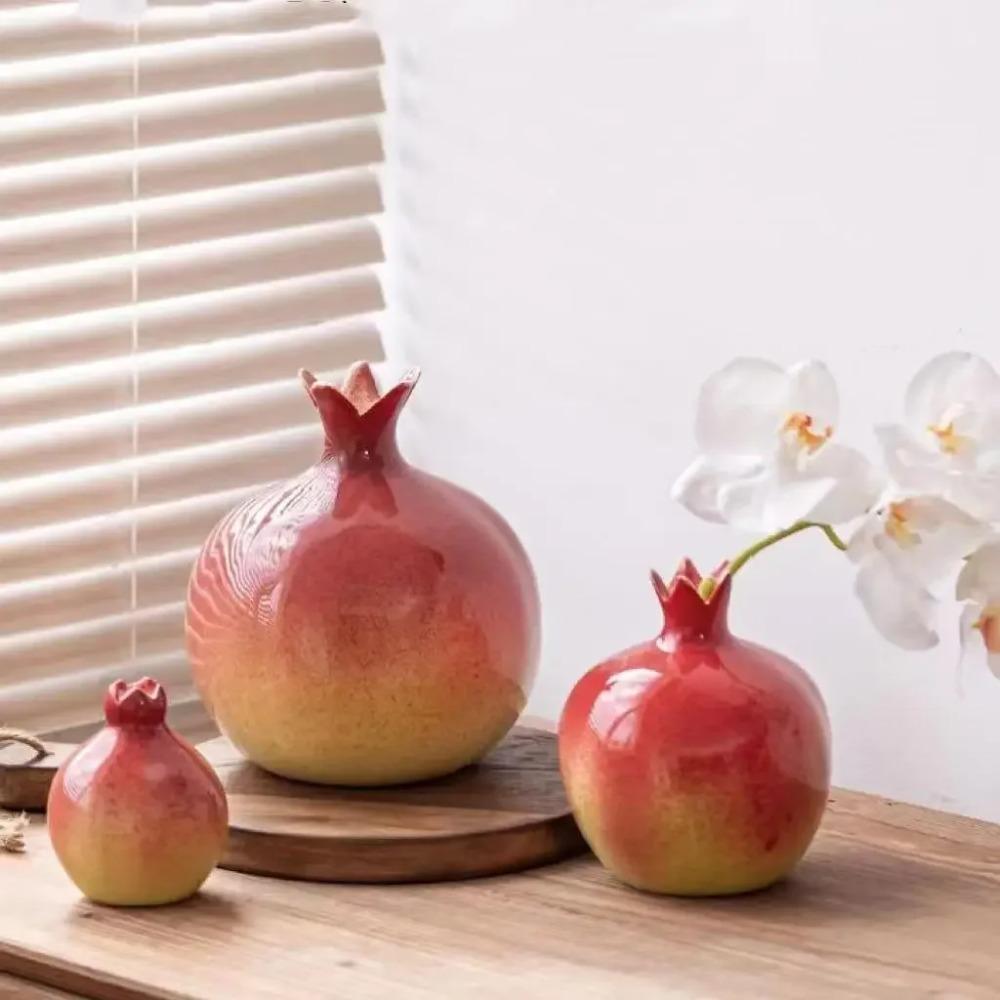 Handmade Ceramic Red Pomegranate Vase Flower Arranger Pomegranate Fruit Ornament Set Chinese Home Decor