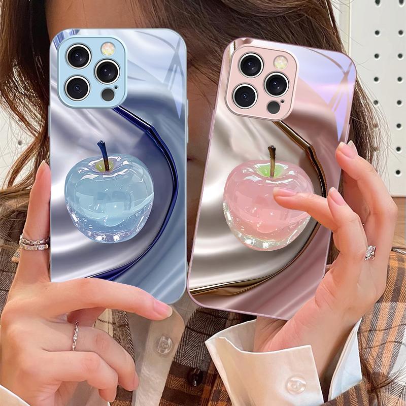 Transparente farbige Apfel Hülle For IPhone 16 Pro Max 15 Pro 14 13 12 Mini 11 XS M ax XR 7 8 Plu SE 2022 Gehärtetes Glas Handyhülle