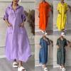 Women's New Cotton Linen Solid Color Casual Turn-Down Pocket Long Dress