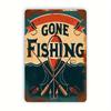 Vintage FishingThemed Iron Metal Sign   Gone Fishing Design with Rods and Fish Rustic Wall Decor for Squares Hotels Pools