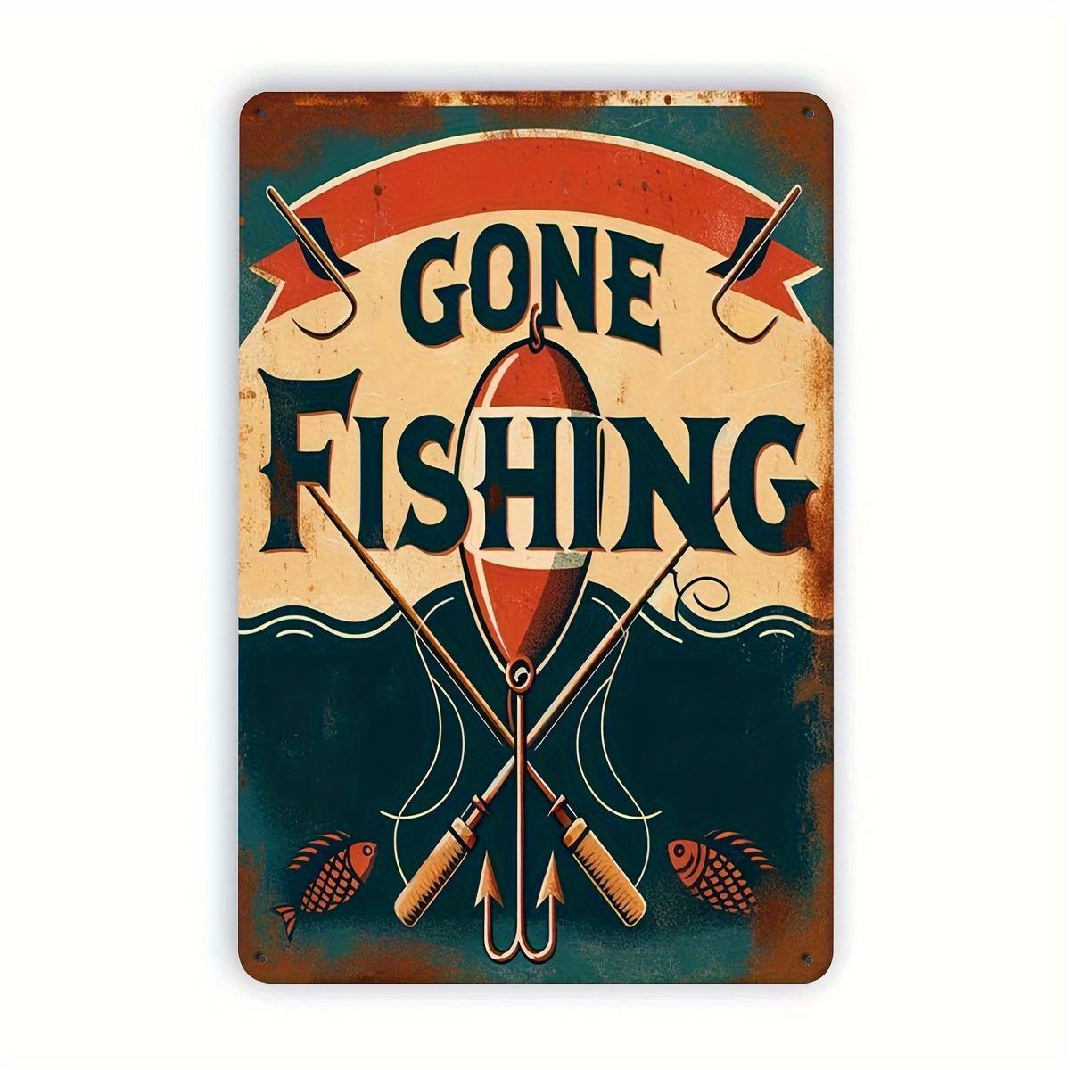 

Vintage FishingThemed Iron Metal Sign Gone Fishing Design with Rods and Fish Rustic Wall Decor for Squares Hotels Pools 20x30cm（7.8x11.8inch）