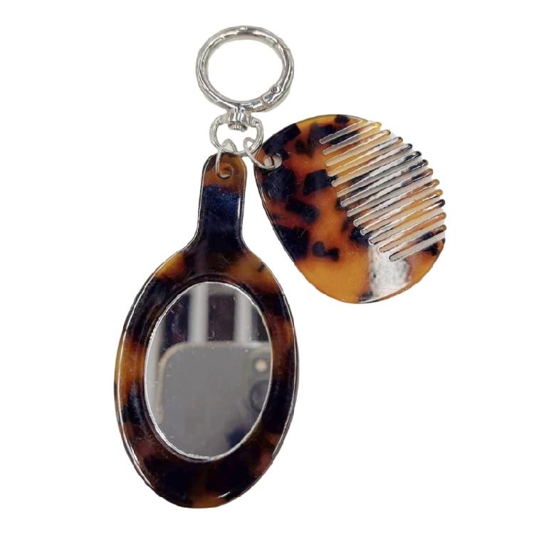 Leopard Comb Keychain with Makeup Mirror Pendant Fashionable Handmade Acetate Keyring Accessory Women Beauty Tool