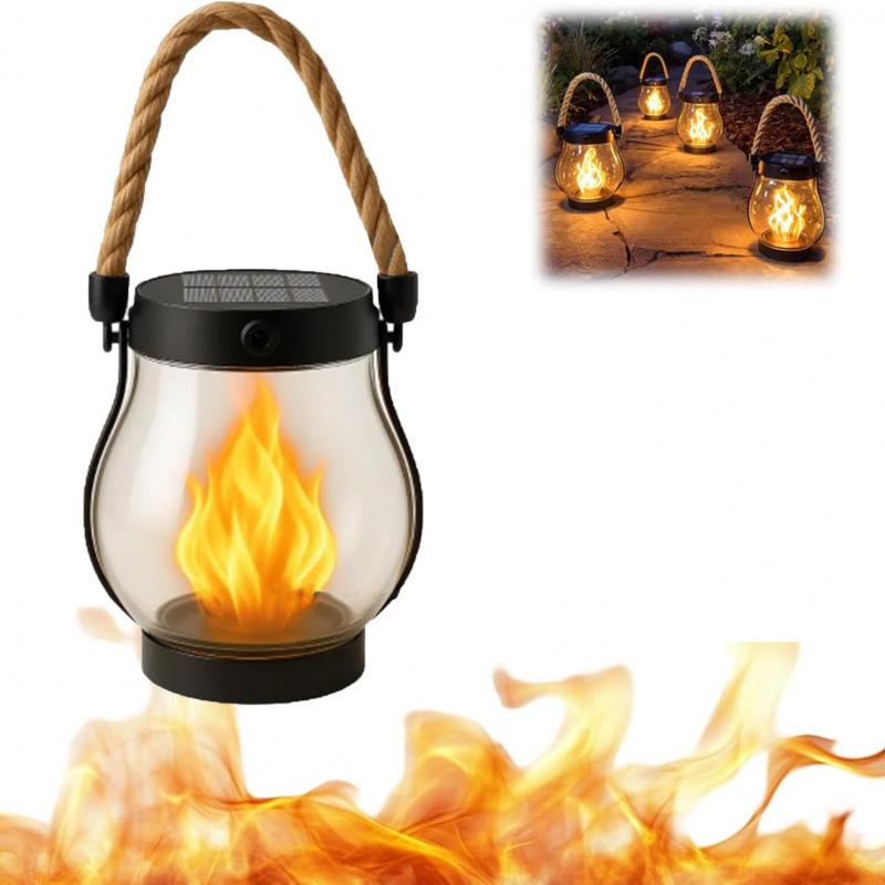 Solar Dancing Flame Lantern, Hanging Rope Outdoor Light, Waterproof Patio Decoration, Warm Flickering Ambiance Lamp