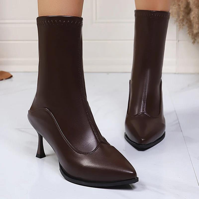 Sexy Pointed Toe High Heels Boots Women Plus Size 34-42 Back Zipper Thin Heel Ankle Boots Women Pu Leather Short Booties Mujer