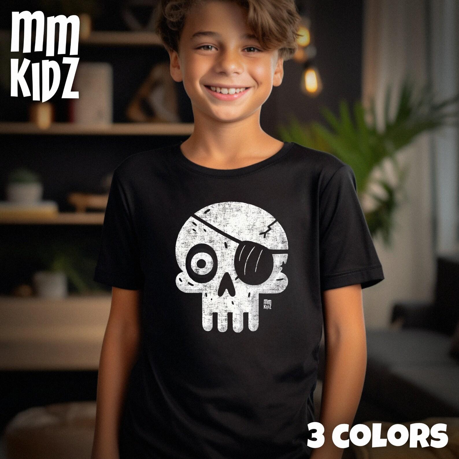 Kid s Cartoon Skull Eye Patch T-Shirt | Fun Pirate Skull Graphic Tee for Children | Whimsical Distressed Skull Shirt | Unique Kid s Gift 100