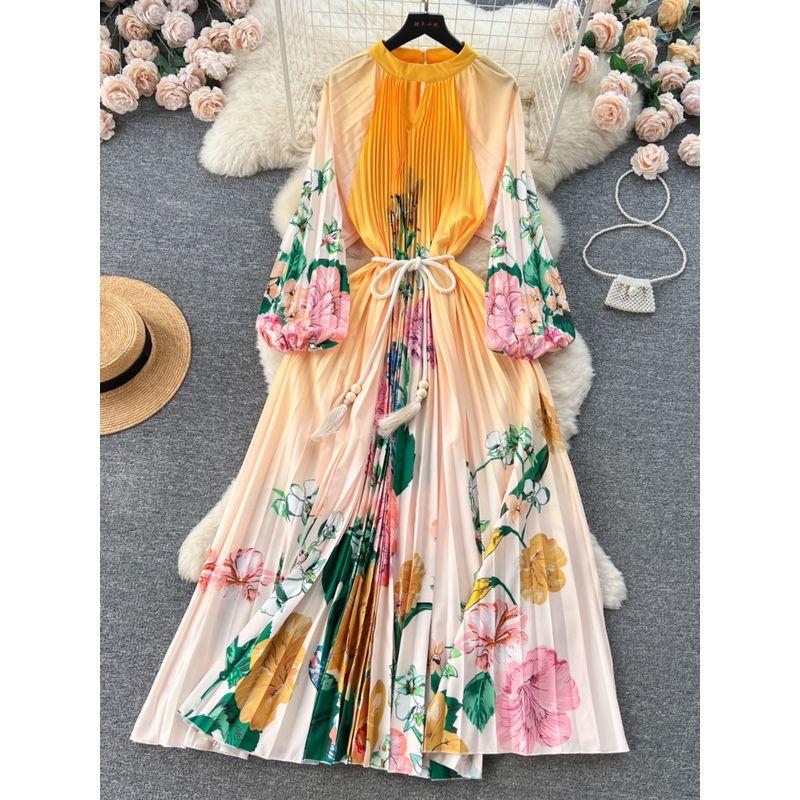 Palace Style Round Neck Print Lantern Sleeve Loose Dress