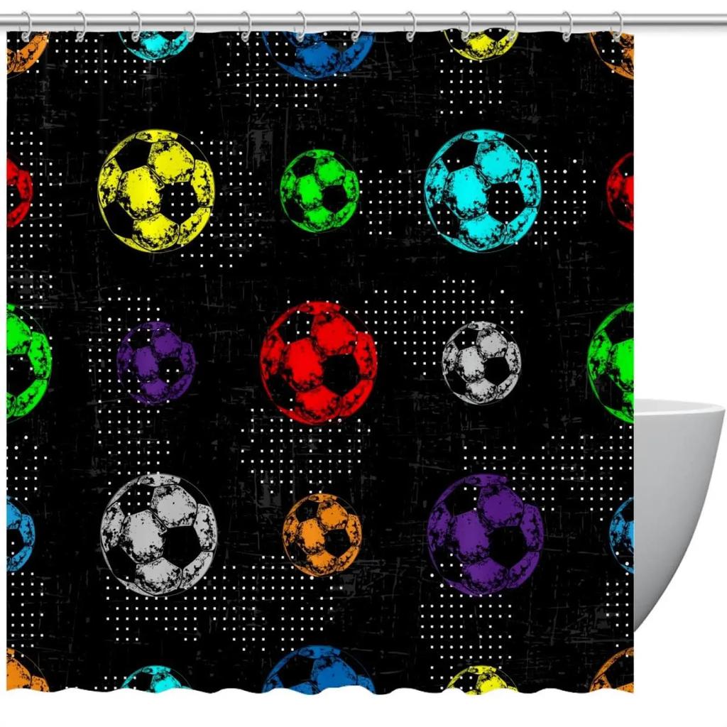 Abstract Football Pattern Shower Curtain Sport Theme Soccer Black and White Colors Waterproof Polyester Bath Curtain with Hooks